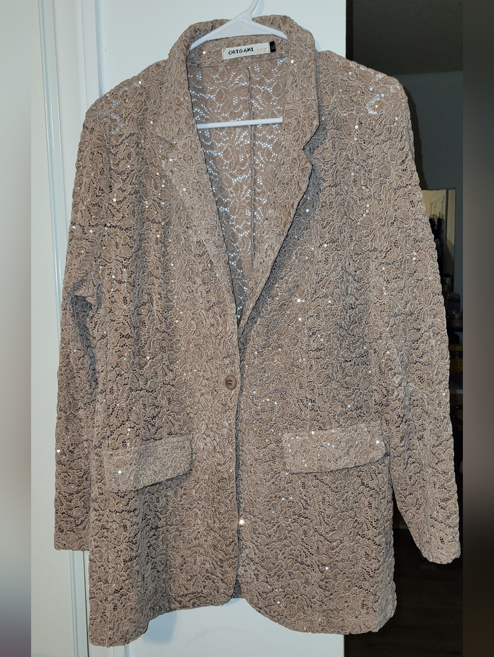 Origami Taupe Lace Sequin Blazer Jacket XL